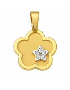 Colgante en Oro Bicolor Forma de Flor con Estrella en Relieve y circontas - Oro Amarillo 18K