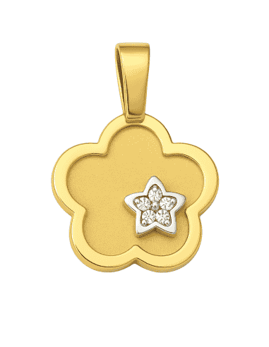 Colgante en Oro Bicolor Forma de Flor con Estrella en Relieve y circontas - Oro Amarillo 18K