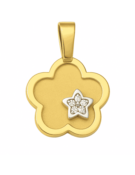 Colgante en Oro Bicolor Forma de Flor con Estrella en Relieve y circontas - Oro Amarillo 18K