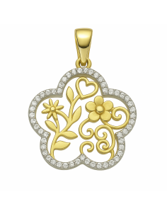 Colgante en Oro bicolor de 18K con Diseño Floral Calado y Circonitas - Oro Amarillo y Blanco 18K