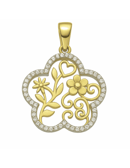 Colgante en Oro bicolor de 18K con Diseño Floral Calado y Circonitas - Oro Amarillo y Blanco 18K