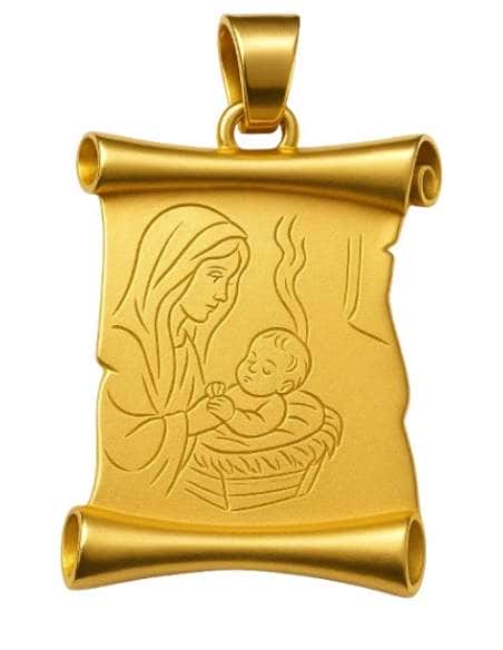 Colgante en oro en Forma de Pergamino con Grabado de la Virgen y el Niño - Oro Amarillo 18K