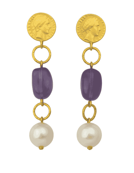 Pendientes para Mujer largos en Oro con una Moneda con Piedra Amatista y Perla - Oro Amarillo 18K