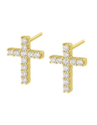 Pendientes para Niña en oro con la forma de la Cruz con 10 circonitas - Oro Amarillo 18K