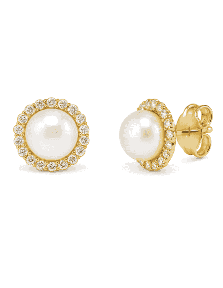 Pendientes para Niña en oro con Bisel de circonitas con Media Perla central - Oro Amarillo 18K