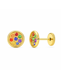 Pendientes para Niña en Oro Redondos con Circonitas de Colores - Oro Amarillo 18K