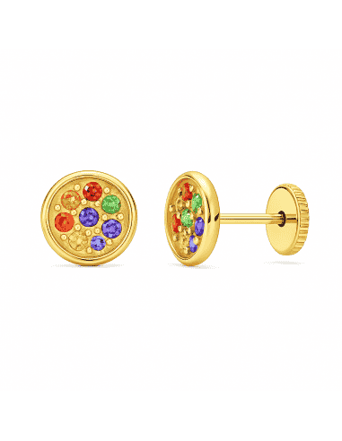 Pendientes para Niña en Oro Redondos con Circonitas de Colores - Oro Amarillo 18K