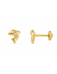 Pendientes para niña en Oro con Forma Delfín con dos circonitas - Oro Amarillo 18K
