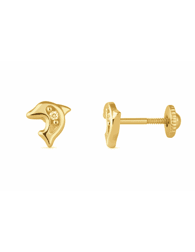 Pendientes para niña en Oro con Forma Delfín con dos circonitas - Oro Amarillo 18K