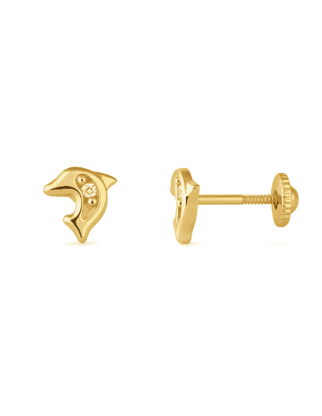 Pendientes para niña en Oro con Forma Delfín con dos circonitas - Oro Amarillo 18K