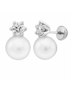 Pendientes para Niña de Oro Blanco Perla y circonita - Oro Blanco 18K