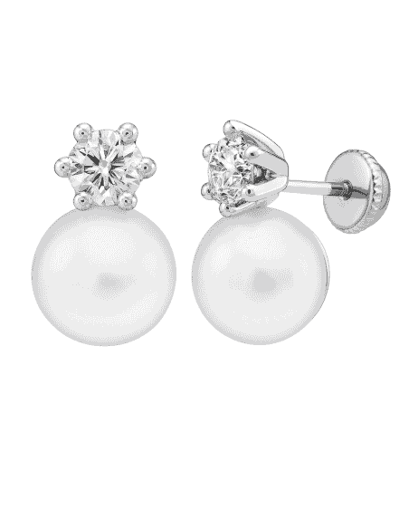 Pendientes para Niña de Oro Blanco Perla y circonita - Oro Blanco 18K