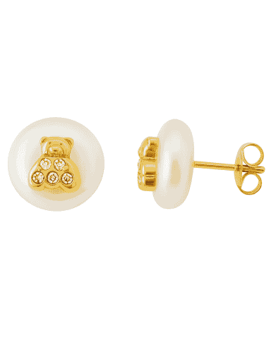 Pendientes para Niña en Oro y Perla con osito de 5 circonitas - Oro Amarillo 18K