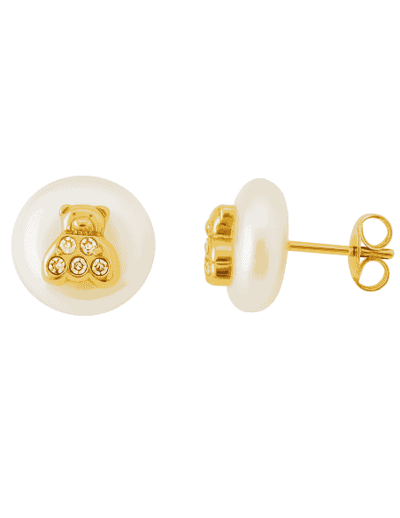 Pendientes para Niña en Oro y Perla con osito de 5 circonitas - Oro Amarillo 18K