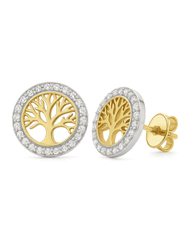 Pendientes para Niña en Oro Árbol de la vida con circonitas - Oro Amarillo 18K