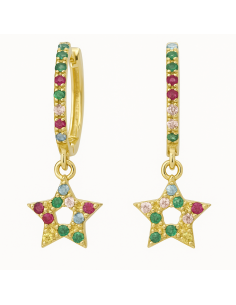 Pendientes Largo de Niña de Oro Estrellas con circonitas de Colores - Oro Amarillo 18k