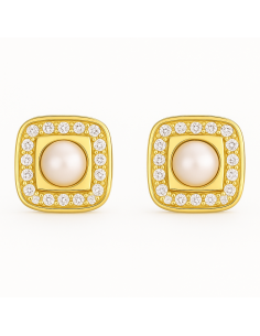 Pendientes para Niña de Oro Cuadrados Cerco circonitas y Perla Central - Oro amarillo 18K