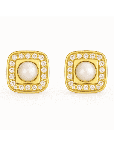 Pendientes para Niña de Oro Cuadrados Cerco circonitas y Perla Central - Oro amarillo 18K