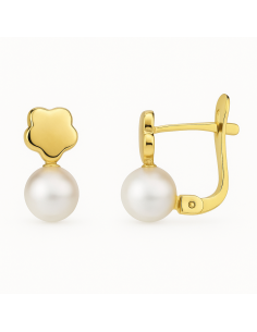 Pendientes para Niña Flor en Oro y Perla redonda abajo- Oro Amarillo 18K