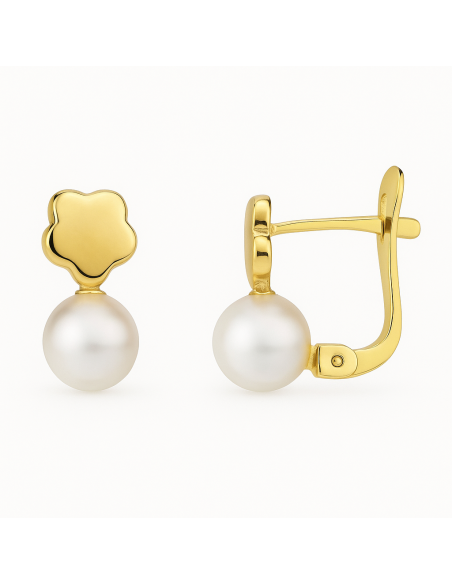 Pendientes para Niña Flor en Oro y Perla redonda abajo- Oro Amarillo 18K