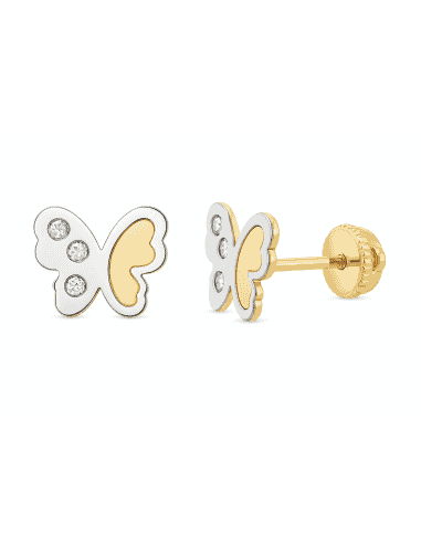 Pendientes para Niña en oro Bicolor Mariposa con circonitas - Oro Amarillo 18K