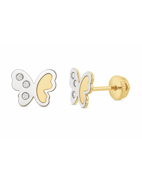 Pendientes para Niña en oro Bicolor Mariposa con circonitas - Oro Amarillo 18K