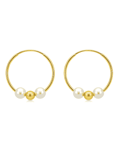 Pendientes para Niña en oro Aro con bola y 2 perlas - Oro Amarillo 18K