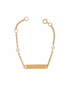 Pulsera esclava infantil de oro con perlas y placa grabable - Oro amarillo 18K