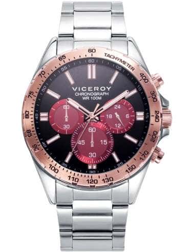 Reloj para Hombre Cronógrafo en Acero con Bisel Rosado y Esfera Negra con Subesferas Rojas - Viceroy 401299-73