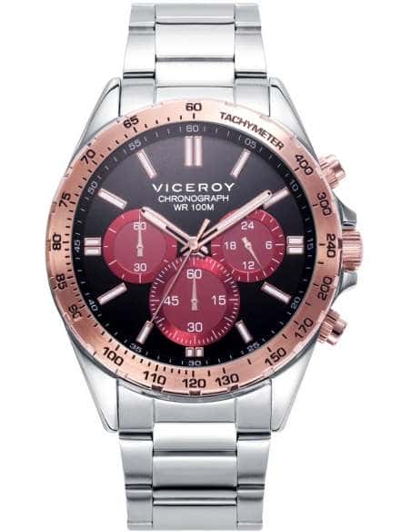 Reloj para Hombre Cronógrafo en Acero con Bisel Rosado y Esfera Negra con Subesferas Rojas - Viceroy 401299-73