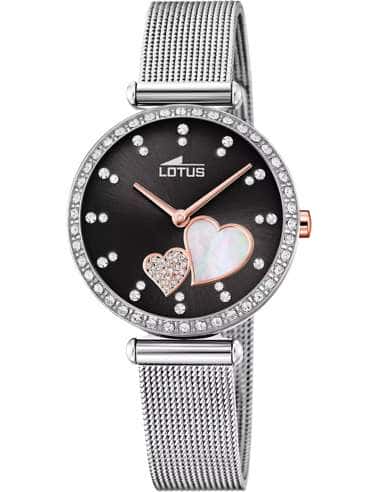 Reloj para Mujer Acero con Esfera Negra y Detalle de Corazones y Circonitas - Lotus 18616/4