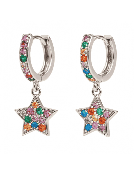 Pendientes para Mujer de Aro en Plata de Ley con Estrellas Colgantes y Circonitas Multicolor - Plata 925