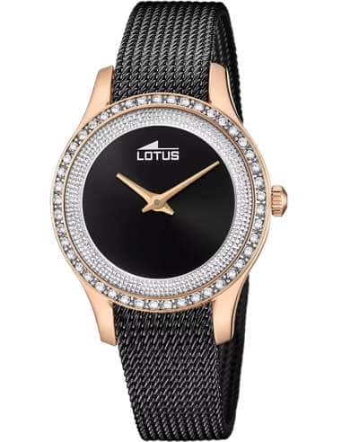 Reloj para Mujer Gold Rosé con Bisel de Circonitas y Malla Milanesa Negra - Lotus 18828/2