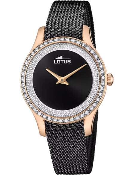 Reloj para Mujer Gold Rosé con Bisel de Circonitas y Malla Milanesa Negra - Lotus 18828/2