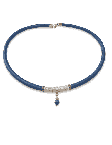 Collar de Cordón Textil Azul con Tubo de Plata de Ley y Piedra Natural Azul - Plata 925