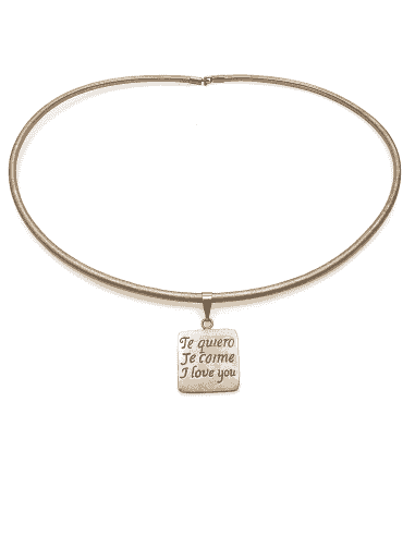 Collar con colgante Cuadrado “Te Quiero” en 4 Idiomas con Collar de Piel y Plata de Ley - Plata 925