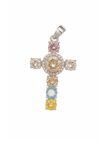 Colgante Cruz Multicolor de Circonitas en Plata de Ley - Plata 925