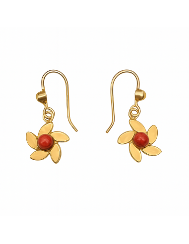 Pendiente para Mujer largo en oro con Forma de Flor con Media Bola de Coral Central - Oro Amarillo 18K