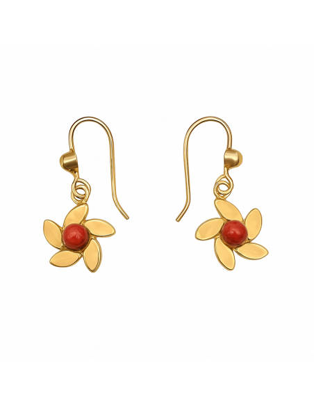 Pendiente para Mujer largo en oro con Forma de Flor con Media Bola de Coral Central - Oro Amarillo 18K