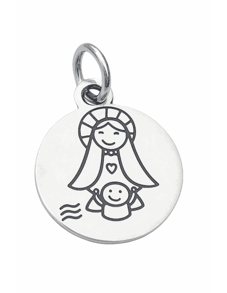 Colgante para Mujer de Plata Medalla Virgen con Niño Estilo Infantil - Plata 925
