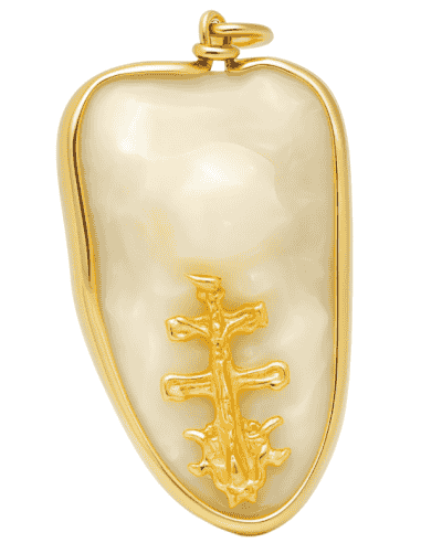 Colgante Hueso Corvina Cerco de Oro con Cruz de Caravaca - Oro Amarillo 18K