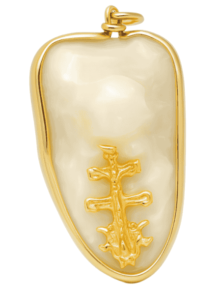 Colgante Hueso Corvina Cerco de Oro con Cruz de Caravaca - Oro Amarillo 18K