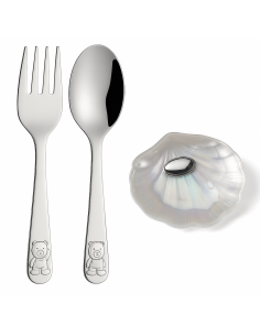Set Infantil Cubierto Acero y Concha Cristal Nacarado con Chapa para Personalizar - Global Argenti GA1156