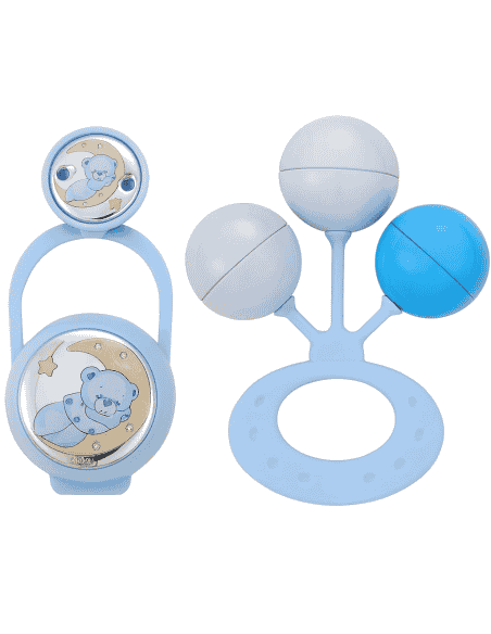 Set Infantil Portachupetes con Pinza y Sonajero Oso Luna Azul - Eventi EV3516/01C