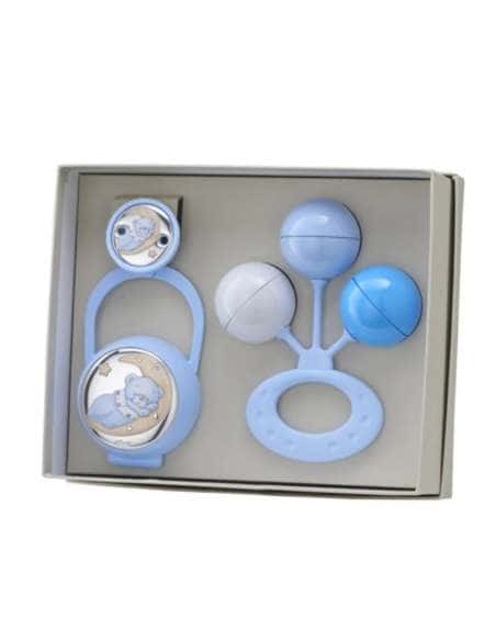 Set Infantil Portachupetes con Pinza y Sonajero Oso Luna Azul - Eventi EV3516/01C
