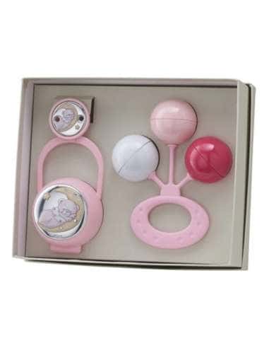 Set Infantil Portachupetes con Pinza y Sonajero Oso Luna Rosa - Eventi EV3516/01R