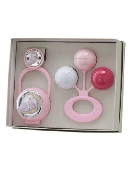 Set Infantil Portachupetes con Pinza y Sonajero Oso Luna Rosa - Eventi EV3516/01R