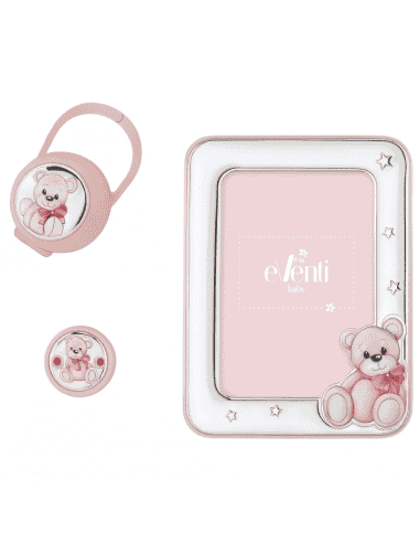 Set Infantil Portachupetes con pinza y Marco de Fotos Oso Rosa - Eventi EV3466/02R