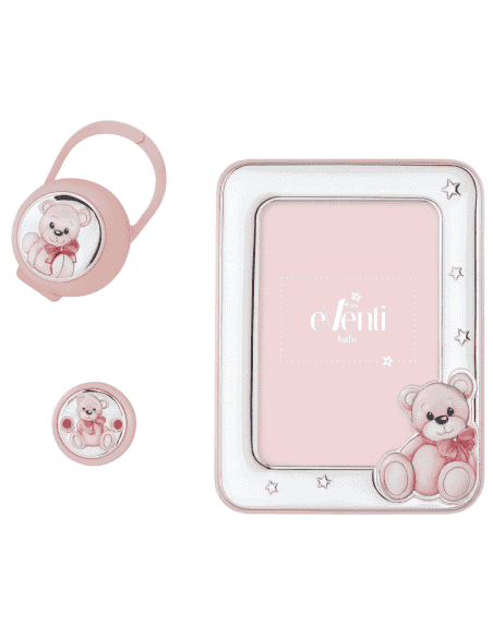 Set Infantil Portachupetes con pinza y Marco de Fotos Oso Rosa - Eventi EV3466/02R