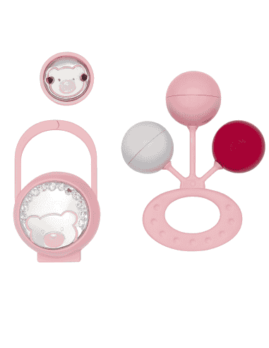 Set Infantil Portachupetes con Pinza y Sonajero Oso Rosa - Eventi EV3256/01R